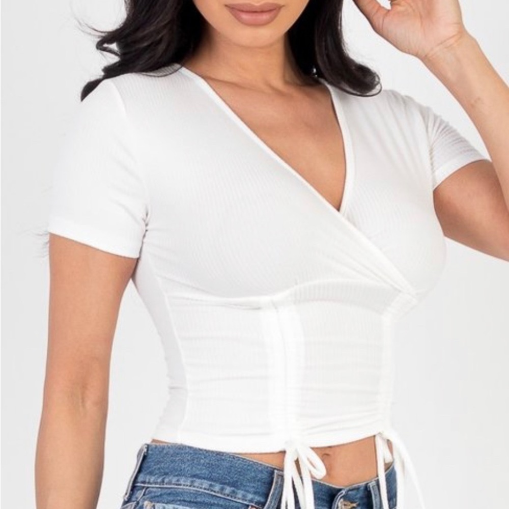 Boutique Ribbed Ruched Drawstring Crop Top Stretch Short Sleeve - Picture 3 of 5